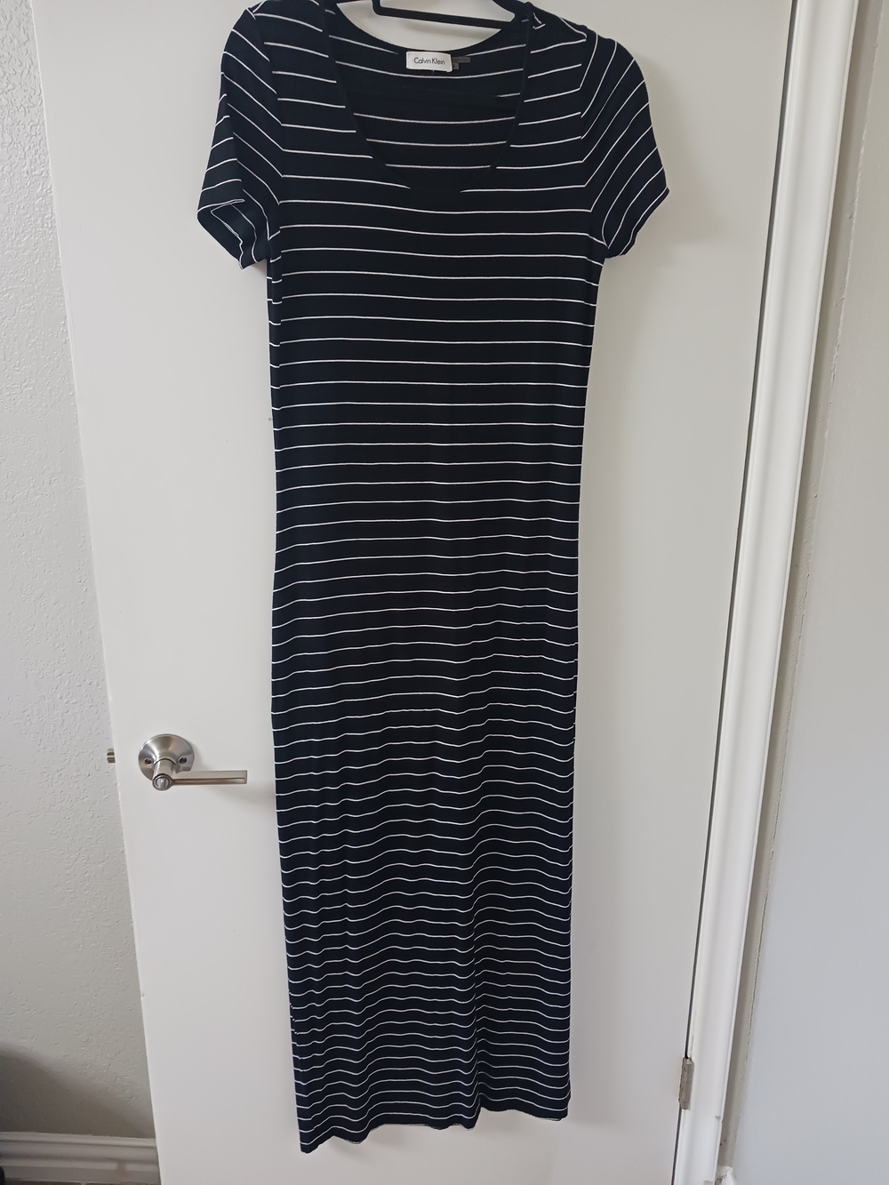 Calvin Klein Black and White Striped Maxi Dress